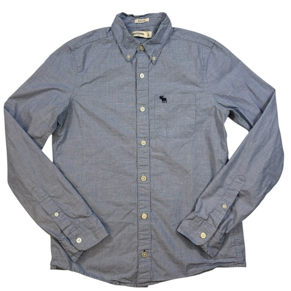 Abercrombie Kids Blue Long Sleeve Muscle Button Front Moose Logo Oxford Shirt - Picture 2 of 7